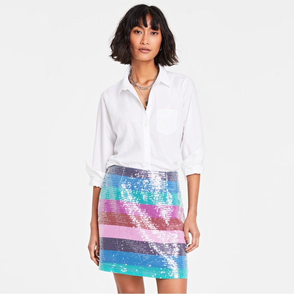 On 34th Mid-Rise Boardwalk-Stripe Sequined Mini Skirt